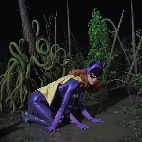 yvonne craig woman, crouching in sandy swamp at night, haunted forest background, plant monster with thick tentacles, 60s style,...