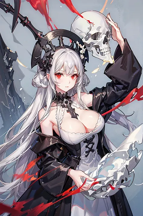 Anime girl, white hair, ((white skeleton)), red flower, ((big boobs)) , illustration, 25 year old, bone, skull, ((bust-up)), red eyes, black dress, black collar, luxurious,