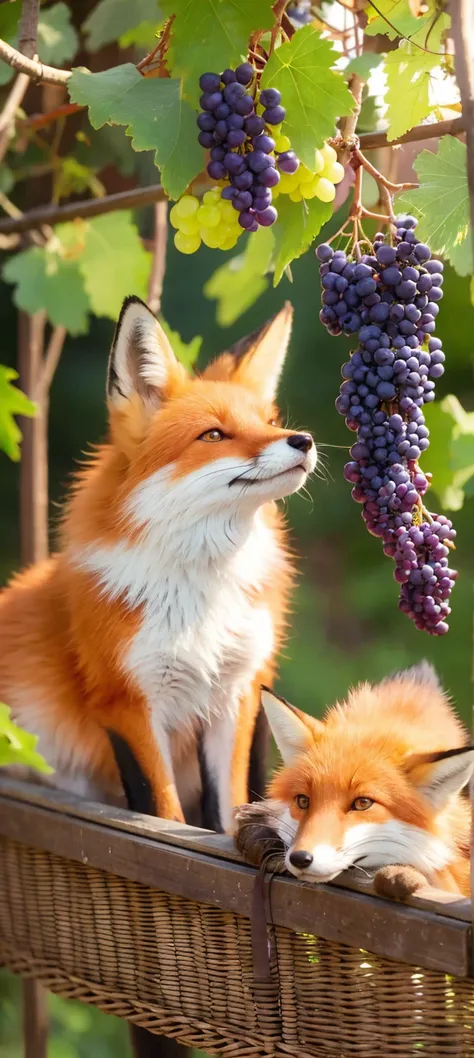 the fox and the grapes
 
　　the fox saw bunches of crystal clear grapes hanging on the grape rack.，drooling，i want to pick it and...