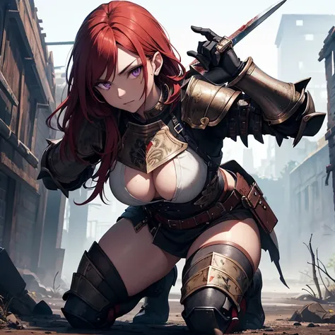 (absurdres, high fantasy artwork, best high quality image, carefuly detailed, very detailed features and textures, hyborian aesthetic)
{{1character: 25 years old red haired barbarian girl, (scarlet red short hair, purple eyes with black pupils, face with b...