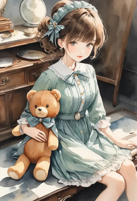 ((antique:1.5)),((hugging a teddy bear)),(teddy bear),beautiful and cute woman,1 female,solo,sharp features,sophisticated,((wate...