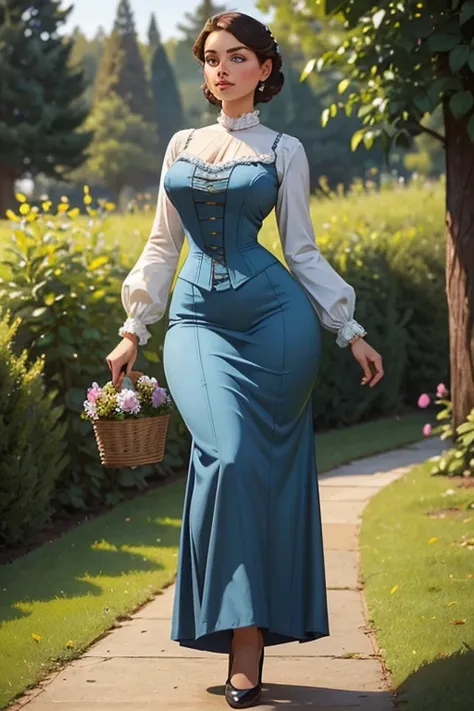 A beautiful Aristacrat woman with soft facial features who embodies old fashioned class, sophistication, elgance as well as wholesome, natural beauty. curvy, thin-waist, wide-hips, swaying-hips. Oppulent historically accurate victorian dress. Greg 
