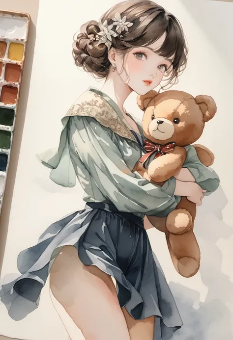 ((antique:1.5)),((hugging a teddy bear)),(teddy bear),beautiful and cute woman,1 female,solo,sharp features,sophisticated,((wate...