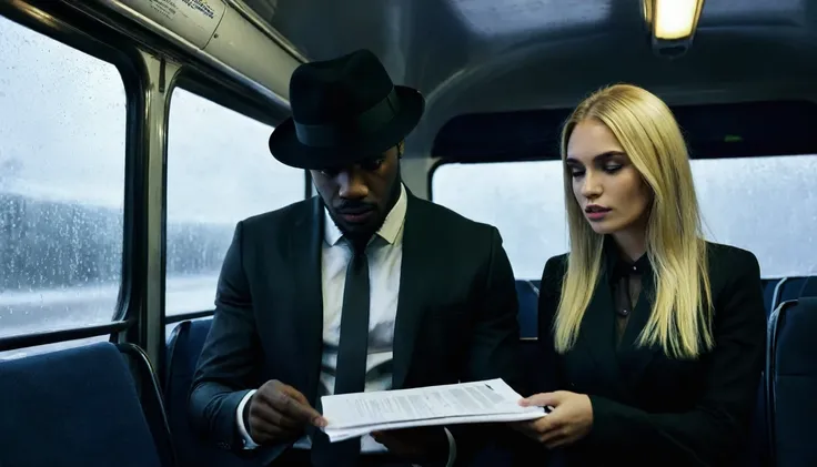 bad black man with black hat in black suit offering a pact and document to the pretty blonde woman sitting inside the bus. dark ...