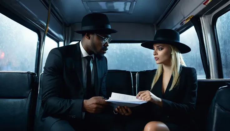 bad black man with black hat in black suit offering a pact and document to the pretty blonde woman sitting inside the bus. dark ...