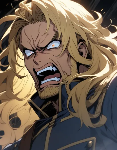 male, late 30s, blond, shoulder-length, middle-part wavy hair, (light-purple, deep-set, Sanpaku eyes), furrowed brow, slightly thick blond beard, aquiline and hooked nose, open-mouthed, fang, slightly underbite, chiseled, slightly long face, furious, navy ...