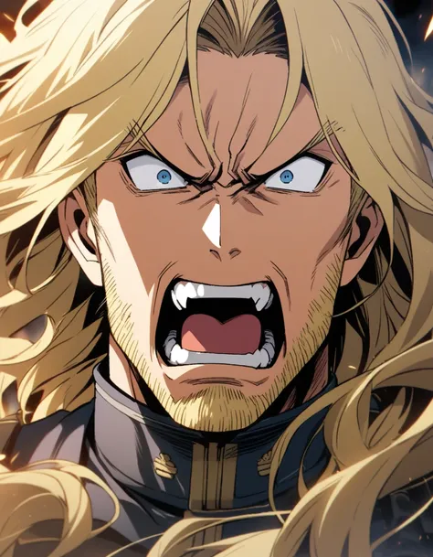 male, late 30s, blond, shoulder-length, middle-part wavy hair, (light-purple, deep-set, Sanpaku eyes), furrowed brow, slightly thick blond beard, aquiline and hooked nose, open-mouthed, fang, slightly underbite, chiseled, slightly long face, furious, navy ...