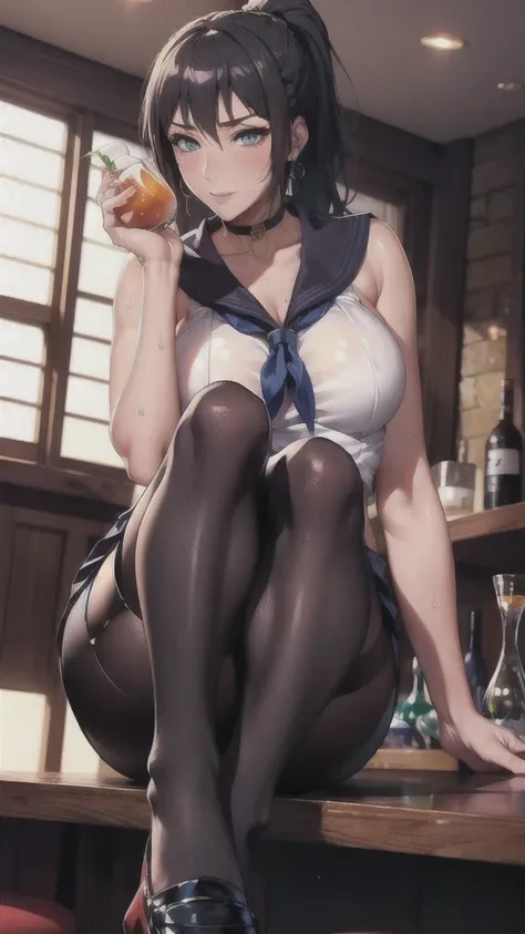 ((correct anatomy)),((bar counter)),((holding a cocktail glass)),((((sailor suit)))),((beautiful feet)),((white lace panties)),(...