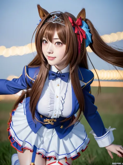 daiwa scarlet, brown hair, hair intake, (red eyes:1.3), long hair, twintails, animal ears, horse girl,
BREAK (Highest quality, 16K, masterpiece:1.55), Ultra detailed face, Detailed lips, Detailed eyes, double eyelid, 
BREAK (Happy smile:1.2), upper body, (...