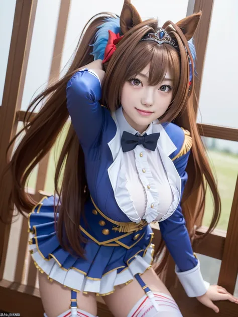 daiwa scarlet, brown hair, hair intake, (red eyes:1.3), long hair, twintails, animal ears, horse girl,
BREAK (Highest quality, 16K, masterpiece:1.55), Ultra detailed face, Detailed lips, Detailed eyes, double eyelid, 
BREAK (Happy smile:1.2), upper body, (...