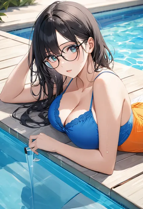 Highest quality,Highest Resolution,sexy,underwear,Vibrant colors,Lying down,Very beautiful eyes,summer,Big Breasts,whole body,Glasses,Black Hair,Poolside,Sweating profusely,Offer a drink