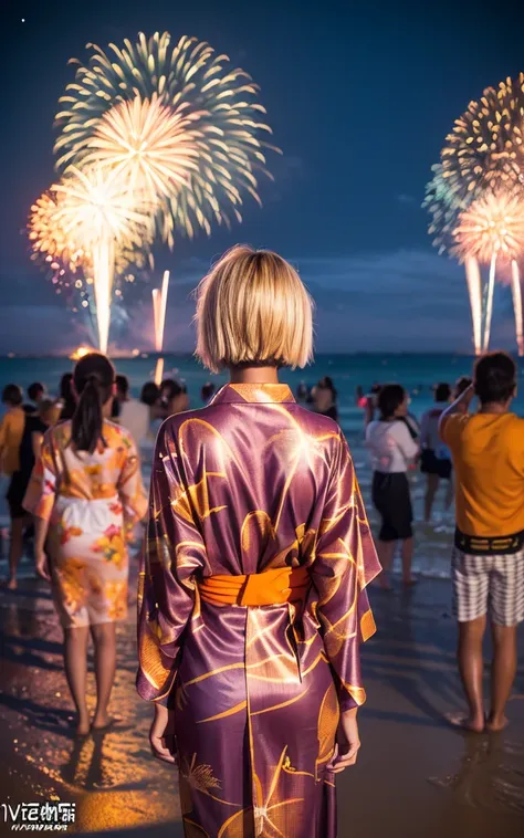 gyaru, dark-skinned, shiny oiled skin, blond hair,  short cut hair, wearing vivid yukata, standing in seaside beach, dark-night, deep fog, orange lanthanum light, Fireworks Festival Venue, Fireworks in the background, cinematic lighting, from behind, full ...