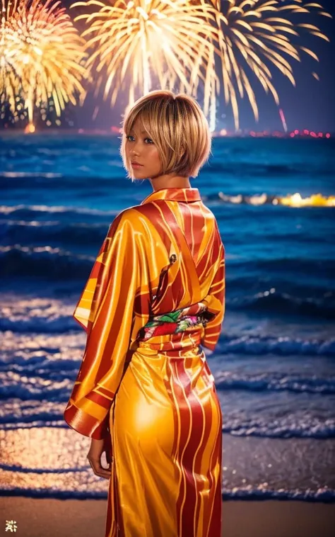 gyaru, dark-skinned, shiny oiled skin, blond hair,  short cut hair, wearing vivid yukata, standing in seaside beach, dark-night, deep fog, orange lanthanum light, Fireworks Festival Venue, Fireworks in the background, cinematic lighting, from behind, full ...