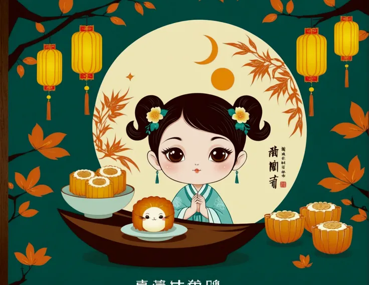 Mid-Autumn Festival poster design，girl，Cyan and Green，Delicious mooncakes，moon，orange color，big eyes，Gluttonous expression，cheongsam，Cartoon，Fresh，romantic，Simplicity，Modern design，Paper Cutting，