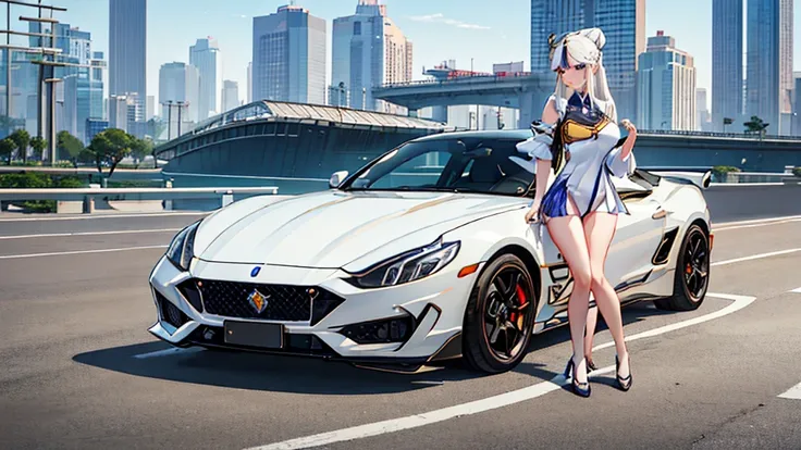 ningguang from genshin impact stands next to her white ferrari, plain white background, image inspired by genshin impact, highly...