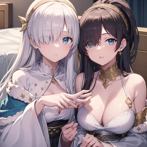 ((upper body)),((Sleeping in bed)),Overhead Shot,fgo anastasia,, blue eyes, Grey Hair, Hair between the eyes, (Hair on one eye:1.5), Long Hair, bangs,Exposed shoulders,Beautiful eyes like jewels,((Portrait of a single person))
break blue Cape, brown hair b...