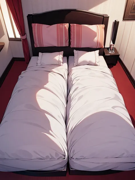 Top view of a white double bed in a love hotel with two pillows side by side