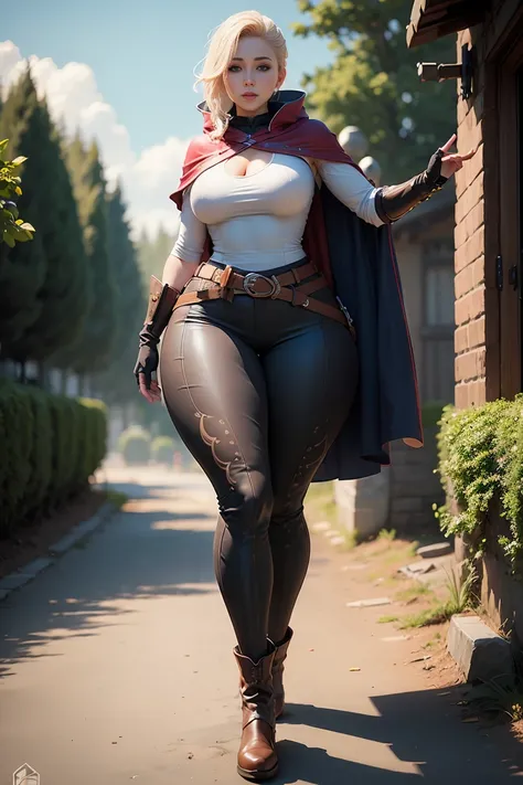 marci,full body,solo,cape,boots,belt,pouch,belt pouch,fingerless gloves,outdoors,
large breasts,pose,(pants,slim legs,(thick thigs:1.1),long legs:1.4),
masterpiece,best quality,ultra detailed,highres,absurdres,
