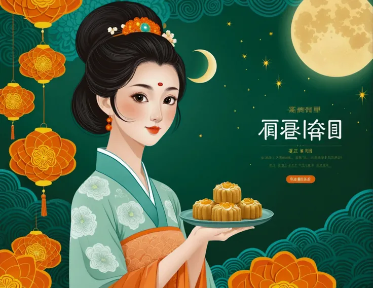 Mid-Autumn Festival poster design，girl，Cyan and Green，Delicious mooncakes，moon，orange color，big eyes，Gluttonous expression，cheongsam，Cartoon，Fresh，romantic，Simplicity，Modern design，Paper Cutting，