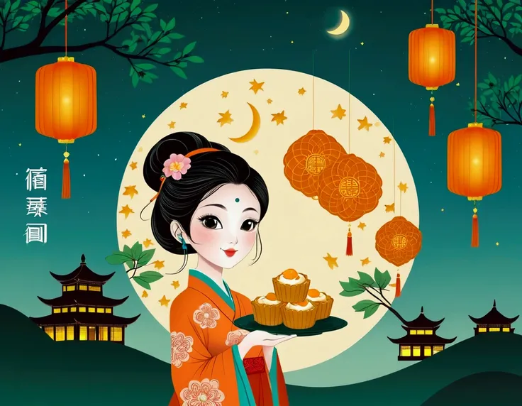 Mid-Autumn Festival poster design，girl，Cyan and Green，Delicious mooncakes，moon，orange color，big eyes，Gluttonous expression，cheongsam，Cartoon，Fresh，romantic，Simplicity，Modern design，Paper Cutting，