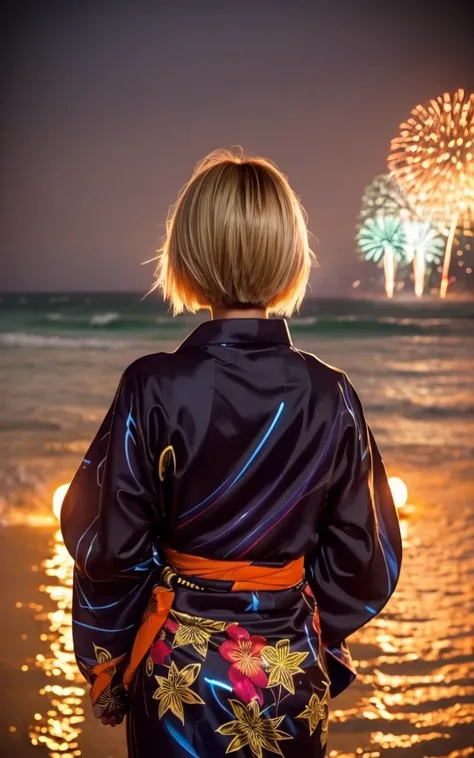 gyaru, dark-skinned, shiny oiled skin, blond hair,  short cut hair, wearing vivid yukata, standing in seaside beach, dark-night, deep fog, orange lanthanum light, Fireworks Festival Venue, Fireworks in the background, cinematic lighting, from behind