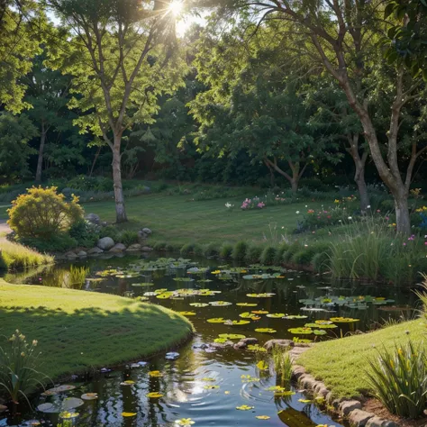 create an image of a field that has a pond, bushes, Rocks, pieces, frogs on aquatic leaves, One Way, A tree, advice and a fox, a fence, a sun, Grass, flores 