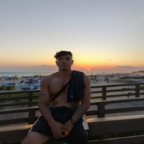 Theres a man sitting on a bench on the beach, on the beach at sunset, na praia at sunset, on the beach during sunset, with sunset, Sunset at the beach, at sunset, At the sunset, in a beautiful sunset, sunset in the background, na praia at sunset, with a su...