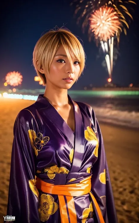 gyaru, dark-skinned, shiny oiled skin, blond hair,  short cut hair, wearing vivid yukata, standing in seaside beach, dark-night, deep fog, orange lanthanum light, Fireworks Festival Venue, Fireworks in the background, cinematic lighting, close up shot