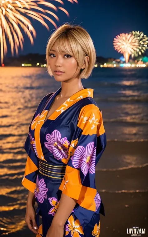 gyaru, dark-skinned, shiny oiled skin, blond hair,  short cut hair, wearing vivid yukata, standing in seaside beach, dark-night, deep fog, orange lanthanum light, Fireworks Festival Venue, Fireworks in the background, cinematic lighting, close up shot