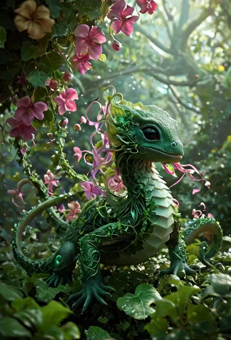 illustrious, Darling, kraken hatchling, dancing on leaves and flower petals made of g1h3r, grsw and covered in fractal vines, intricate details, colorful, magical, realism, hyperrealistic, fractalvines, 