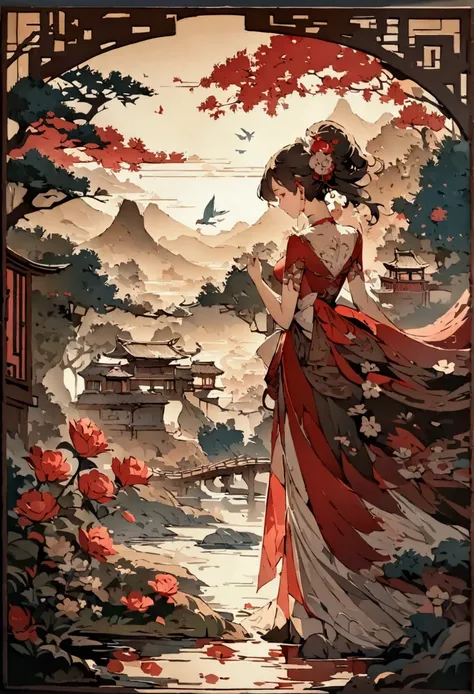 masterpiece, Traditional Chinese landscape, Flower and Bird Painting，Beautiful fairy tale, paper art style, Beautiful paintings, A very complex masterpiece, A beautiful and sophisticated red masterpiece, multi-layer, mystery, 