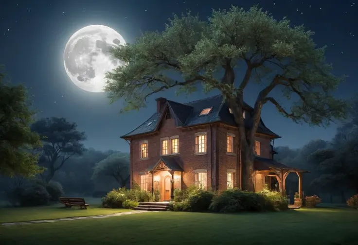 Generate a breathtakingly beautiful nighttime photo of a brick house with a single tree beside it, illuminated by the soft glow of moonlight. The brick house should have a rustic charm with a gabled roof and visible texture on the bricks. The tree next to ...