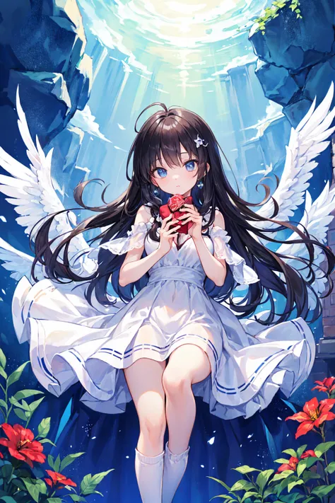 high quality、最high quality、Complete limbs、Ultra-high resolution、Shining Eyes、Droopy eyes、Full hands and fingers、Slender beauty、Princess Cut、Black Hair、White dress、White skin、Knee-high socks、Valentine&#39;s Chocolate、heart、((最high quality)), (Very detailed)...