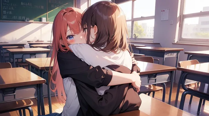 (Highest quality、detailed、masterpiece、８K)、(２Cute girl)、((Hug from behind))、Redness、high school girl、classroom