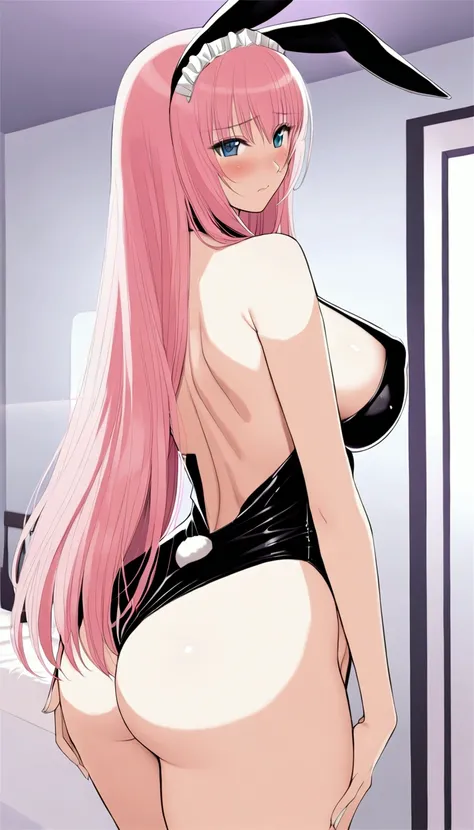 Masterpiece,Beautiful adult woman ,Megurine Luka,Big Breasts,Bunny girl,High leg black outfit,Pink long hair,blue eyes,Embarrassed expression,blush,Back view,Stick your butt out here,Bedroom,Complete human body