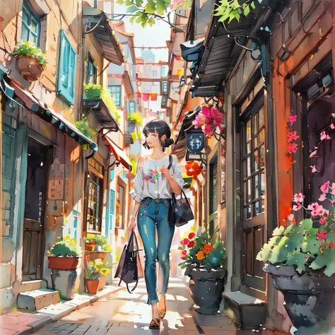 (((paper-cutting style))), 1 girl, short black hair, shirts and jeans, Portfolio, walking through a vibrant cityscape