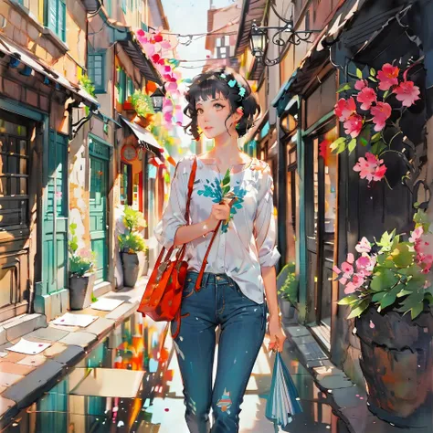 (((paper-cutting style))), 1 girl, short black hair, shirts and jeans, Portfolio, walking through a vibrant cityscape