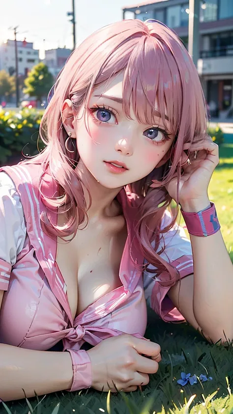 ((Highest quality, 8k, masterpiece :1.3)), (Sharp focus :1.2, Beautiful woman with perfect figure :1.4, Slim Abs), ((Big Breasts, Emphasize cleavage:1.2)), (Photorealistic:1.4), (realistic:1.4), (Pink Hair:1.5), Highly detailed face and skin texture, Fine ...