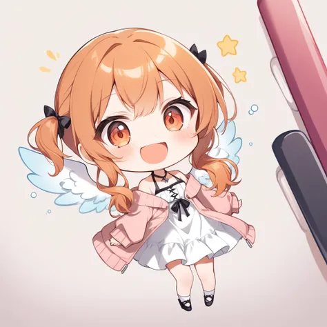 orange hair, orange eyes,girl,Pigtails with the ends tied up,laugh, Chibi, little witch, 1 woman,halterneck,White dress,pink cardigan,panties,Angel Wings