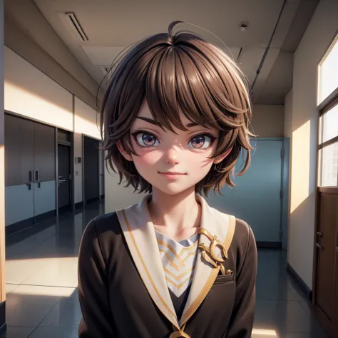 4k,detailed landscape,photorealistic,ultra-detailed,8k,HDR,dramatic lighting,vivid colors, in school hallway, school, smug expression, smug face