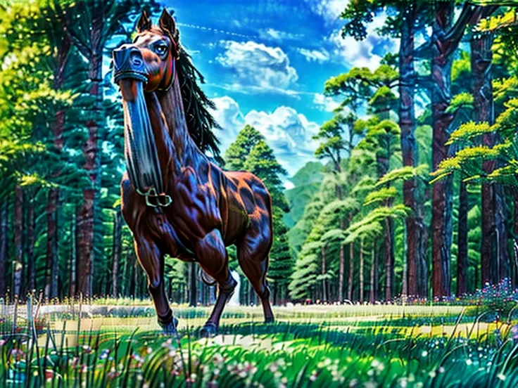 huge draft horse , Running cheerfully in grass meadow , contemporary art, Photorealistic , Very high resolution artwork , 8K ,  pine forest, bright blue sky. BBW ebony rider.