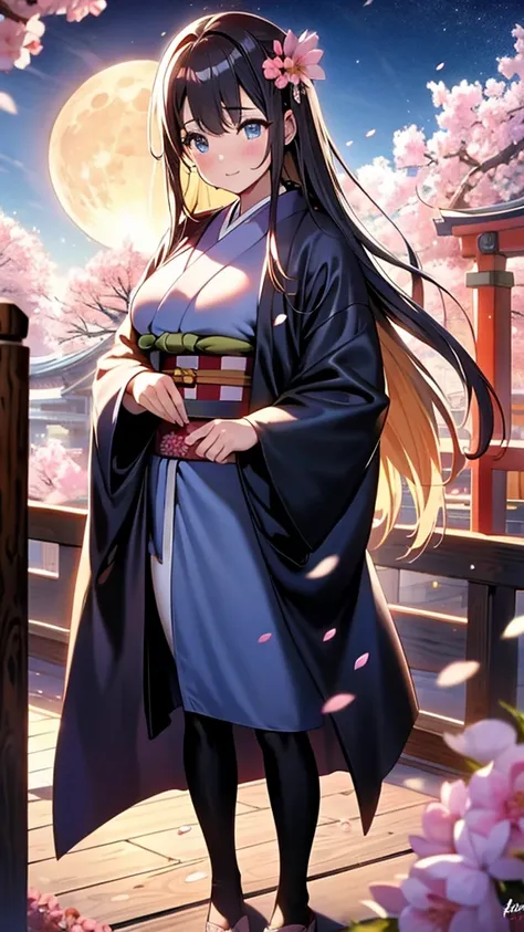 (Highest quality),(masterpiece), 8k,Very detailed, Detailed light, Best Shadow,Detailed reflective eyes, Beautiful Eyes, Very detailedな顔,Shiny Hair,sexy,Big Breasts,Charm,One person,Gloss,kimono,ピンク色のkimono,Expressionless,Blushing,full moon,Enchanting,Beau...