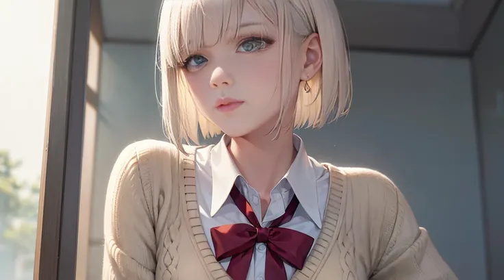 (Bob Cut Hair, Platinum Blonde Hair:1.2),(Wear a cardigan over a collared shirt:1.2),1 girl,Japanese,21 years old,(Small breasts:1.3),(Highest quality,masterpiece:1.3,超A high resolution,),(Ultra-detailed,Caustics),(Photorealistic:1.4,RAW shooting,)Ultra-Re...