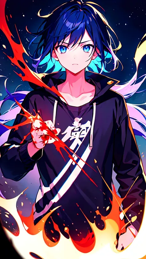 [(Black BACKGROUND:1.5),::5], ((((masterpiece)))), high quality, ultra very high resolution, full color, (((solo))), ((little boy)), BLACK hair, (Blue streaked hair), (oriental deepblue eyes), anime, ((upper body)), Summer clothes, neon light, black parka,...