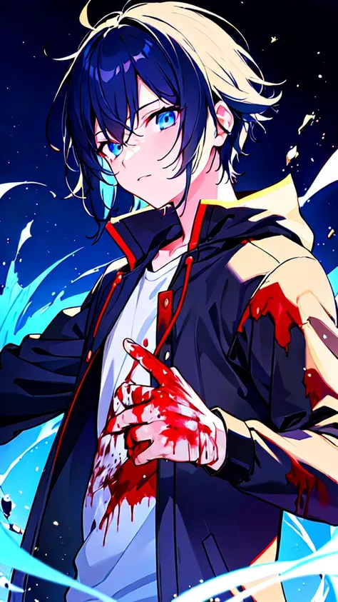 [(Black BACKGROUND:1.5),::5], ((((masterpiece)))), high quality, ultra very high resolution, full color, (((solo))), ((little boy)), BLACK hair, (Blue streaked hair), (oriental deepblue eyes), anime, ((upper body)), Summer clothes, neon light, black parka,...