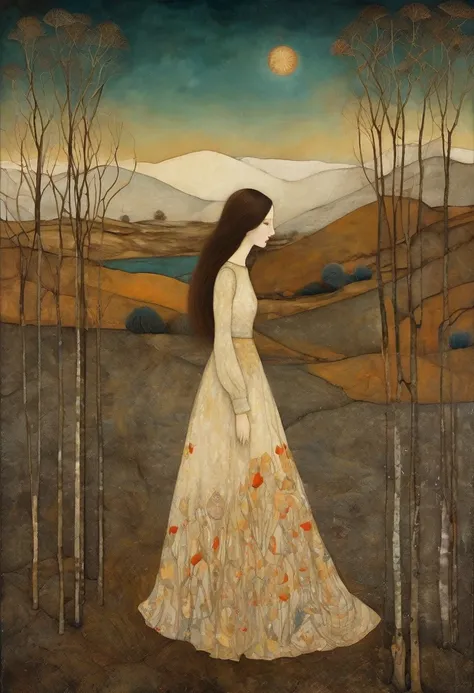 Art style by Klimt, Sam Toft, Florine Stettheimer, Dina Wakley, Catrin Welz-Stein, Gabriel Pacheco, Elisabeth Fredriks. A woman, brown hair, sitting in a barren land split by the sun, bare trees withered. She wears, a light dress that lets her breasts show...