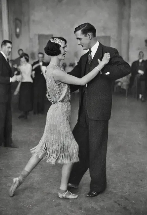 Black and white 1920s american couple photo, dancing, ballroom, low resolution, faded color, film grain, photo scratches, scratch effect, facing the camera, blurred, worn out photo
