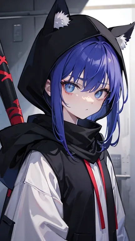 Hoodie that covers the neck、neck warmer、Looking up at a person from below、Dark Back Alley、Holding a baseball bat、pupils are constricted、Sharp Eyes、A look of contempt、Sharp Eyes、