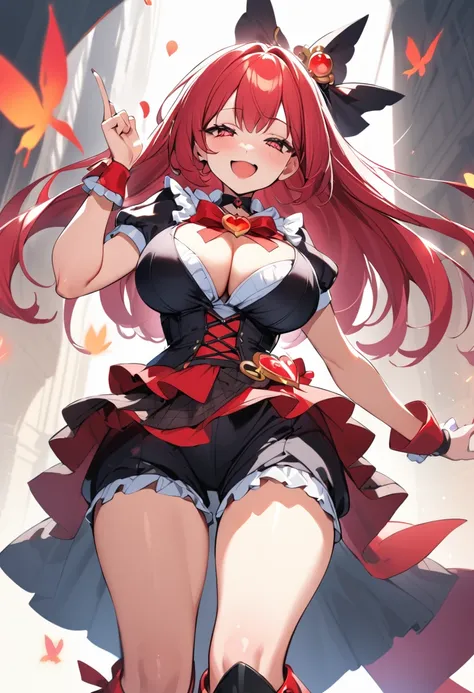 Cure happiness,  skirt,  Wrist cuff, shorts under skirt, boots, corruption, Hollow Eyes, Half closed eyes, Wicked Smile, There are no students, Crazy Smile, Open your mouth, girl２people,Blue and red accents， Dark Magical Girl,Black costume,Large Breasts（Hu...