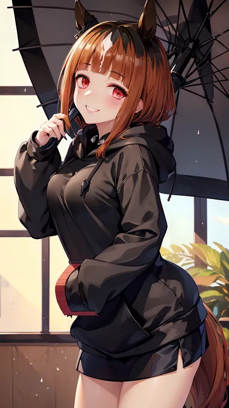 masterpiece, Highest quality, High resolution, Very detailed,(((Transcend wearing a black hoodie))), (((Holding an umbrella。)))、(((indoor)))、(((smile)))、(((Odor)))、heavy rain, Horse ears